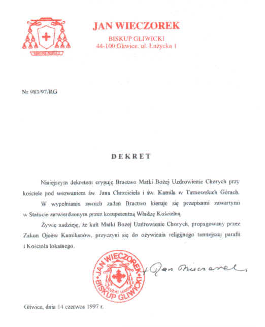 Dekret Jego Ekscelencji Ksidza Biskupa Jana Wieczorka zatwierdzajcy Bractwo