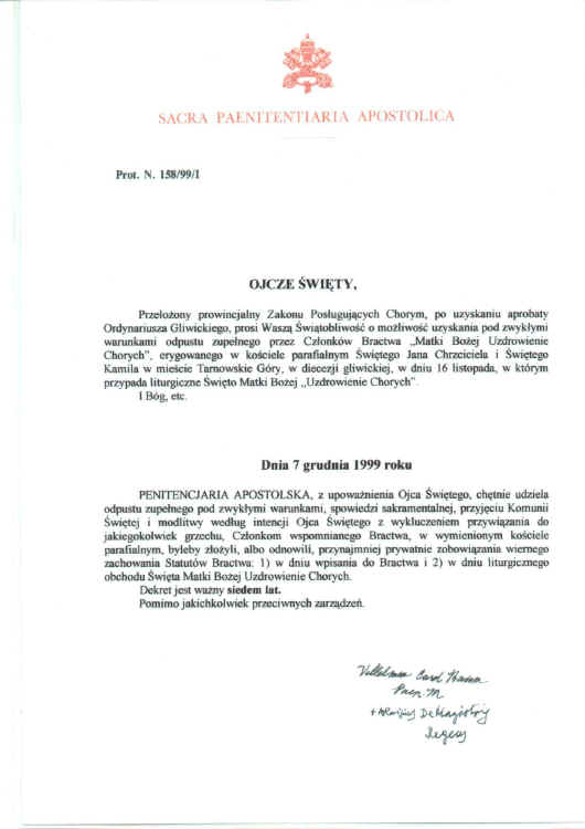 Dekret o odpucie zupenym dla Czonkw Bractwa - w jzyku polskim